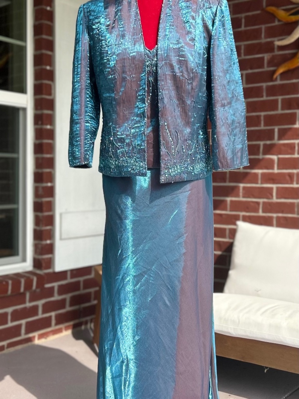 Vintage 90's Y2K Iridescent Metallic  Blue Evening Gown Set Size 12 Formal Dress